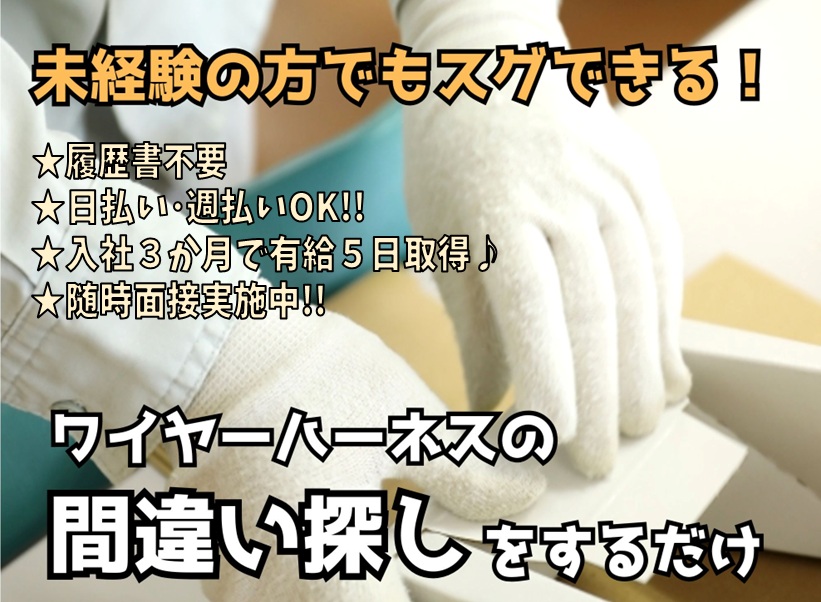 【NEW】 履歴書不要！◆ 栗東市 ◆ 簡単･軽量で女性活躍中 【ワイヤーハーネスの目視検査】  未経験大歓迎 ◆